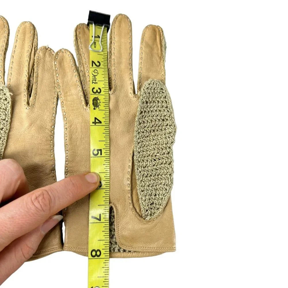Vintage 50s Tan Crochet Leather Driving Gloves Medium